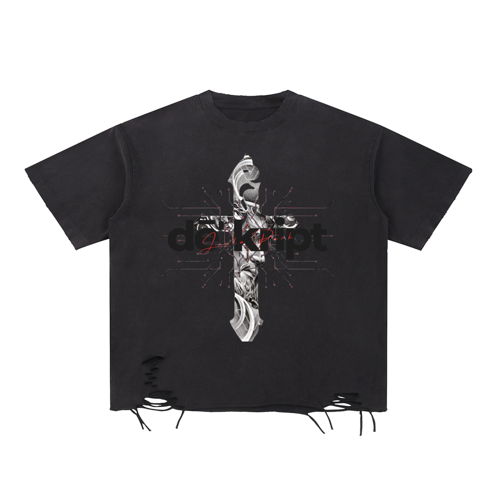 "Cracked The Code" - Snow Washed Raw-Hem Graphic T-Shirt - Men's