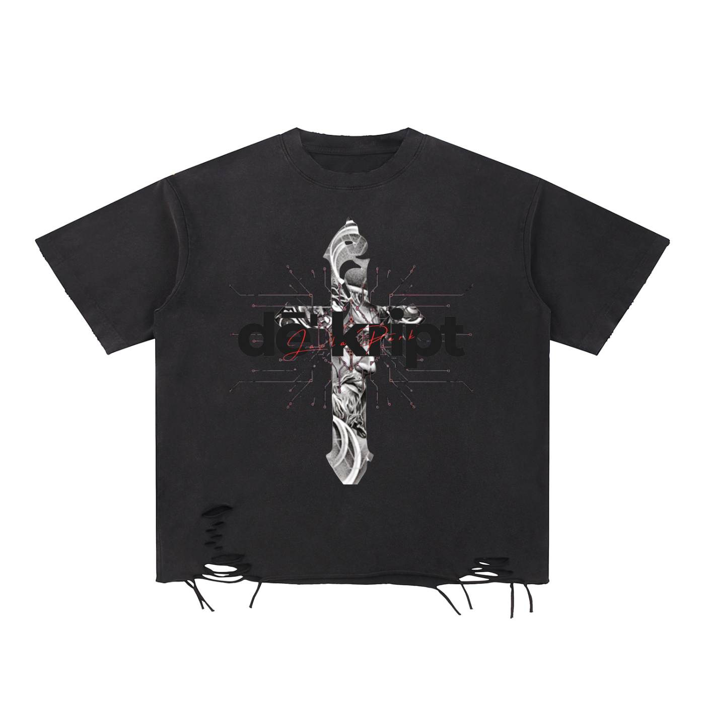 "Cracked The Code" - Snow Washed Raw-Hem Graphic T-Shirt - Men's