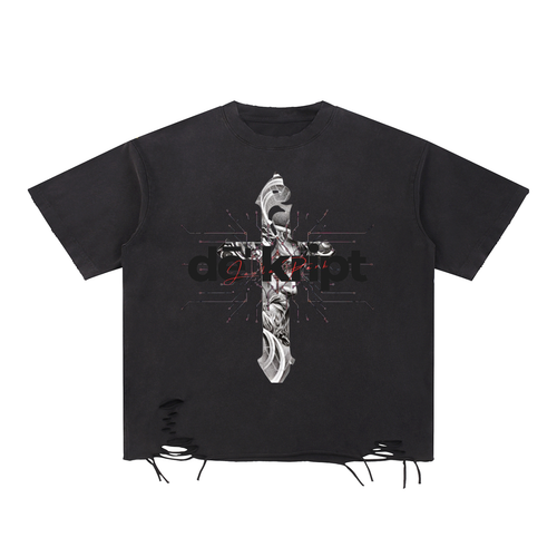 "Cracked The Code" - Snow Washed Raw-Hem Graphic T-Shirt - Men's