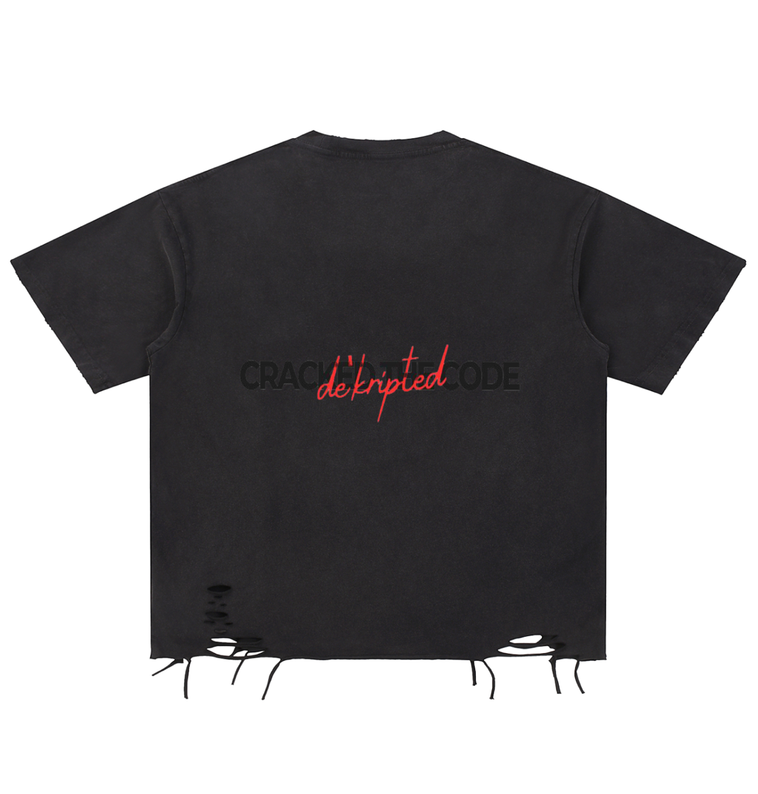 "Cracked The Code" - Snow Washed Raw-Hem Graphic T-Shirt - Men's