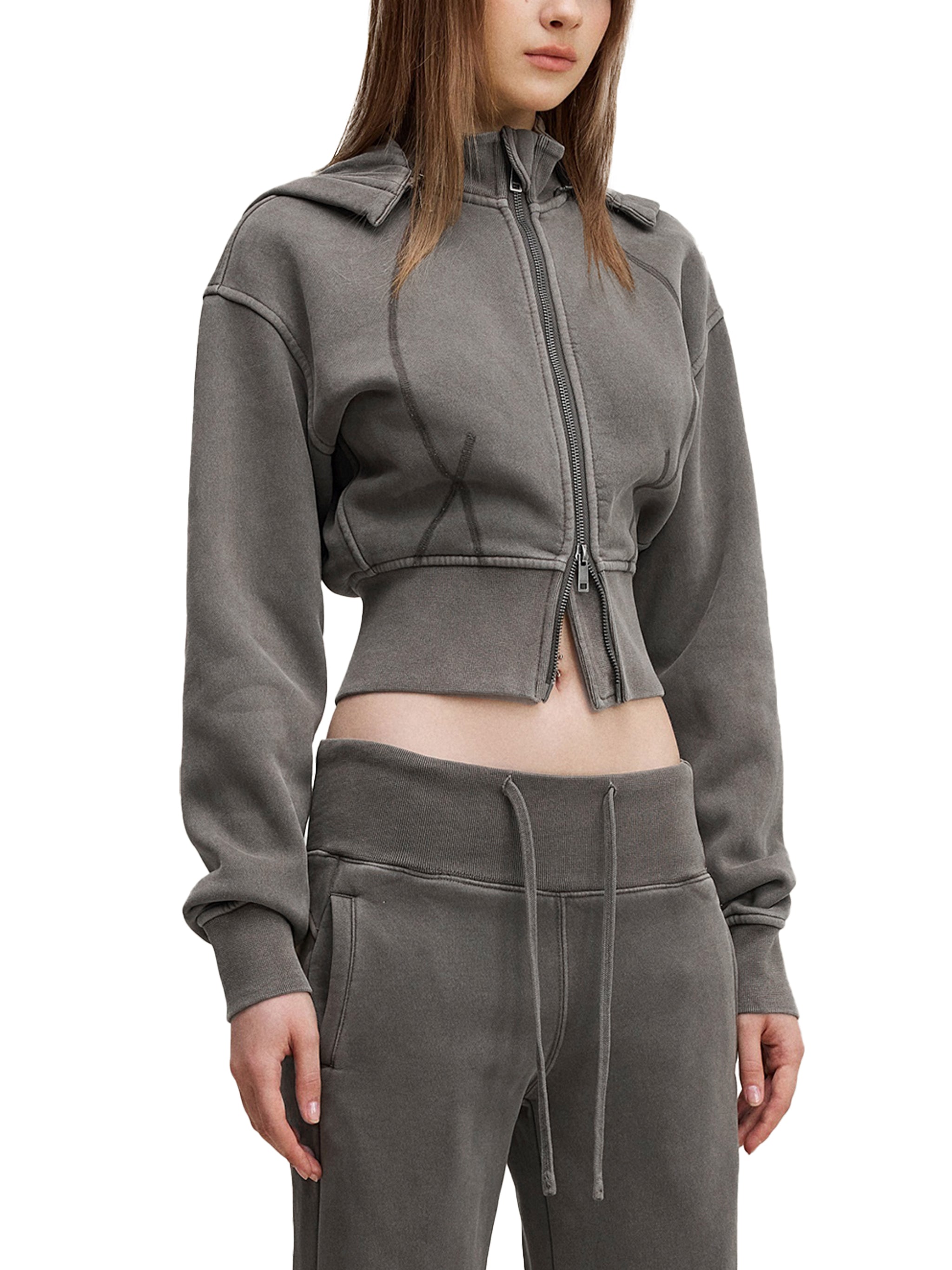 Vintage Washed Cropped Fleece Hoodie - Grey