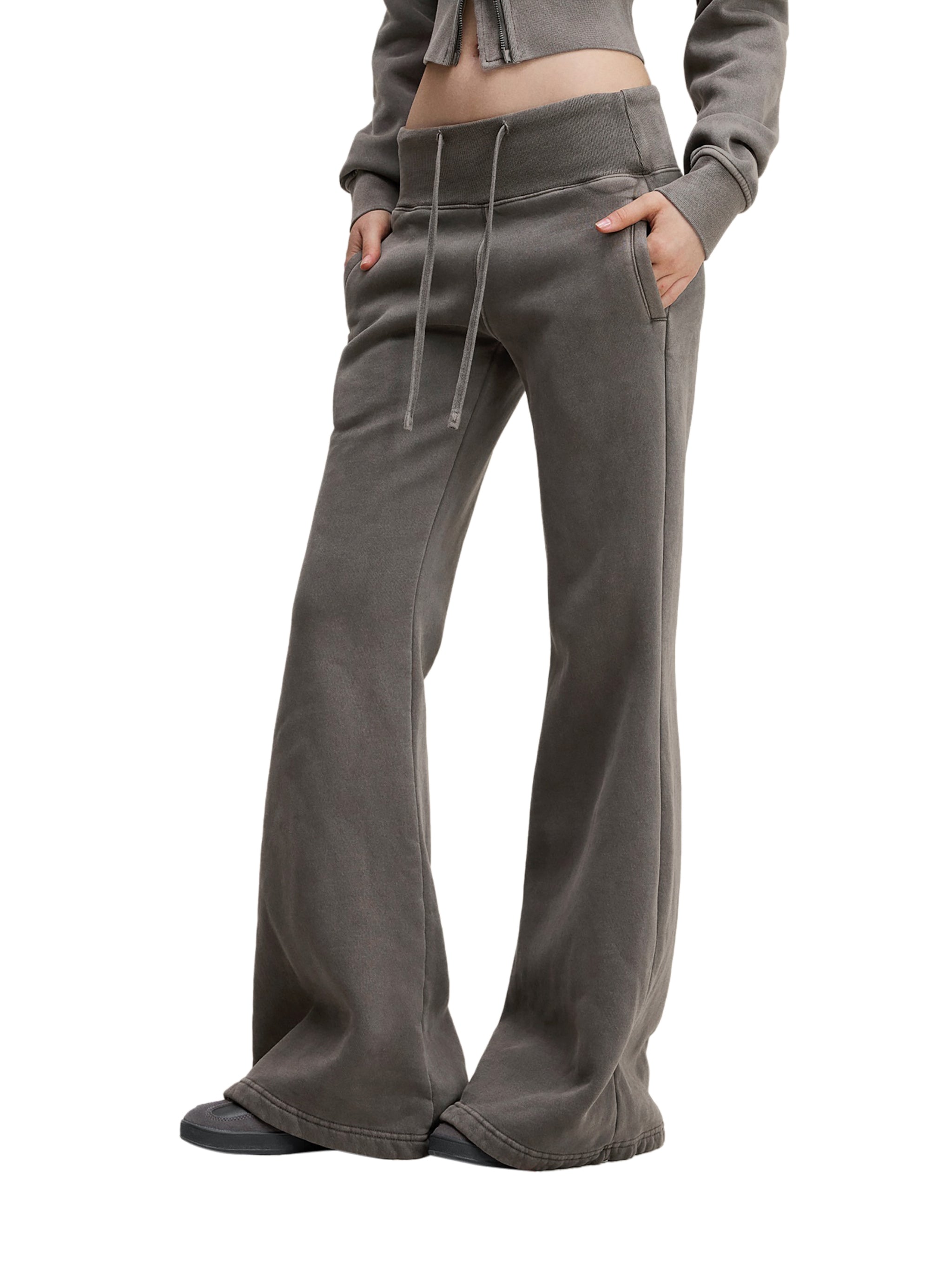 Vintage Washed Flared Fleece Pants - Grey